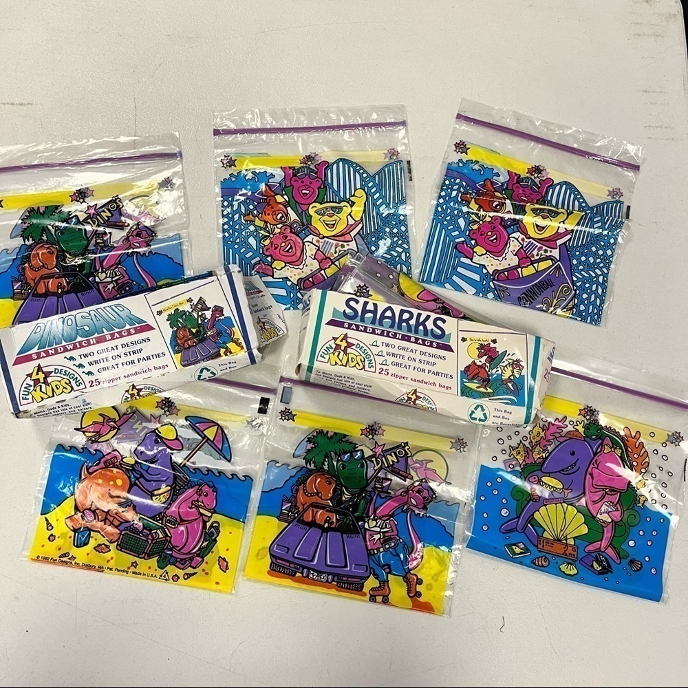 Vintage Sharks Bears Dinosaurs Plastic Sandwich Bags